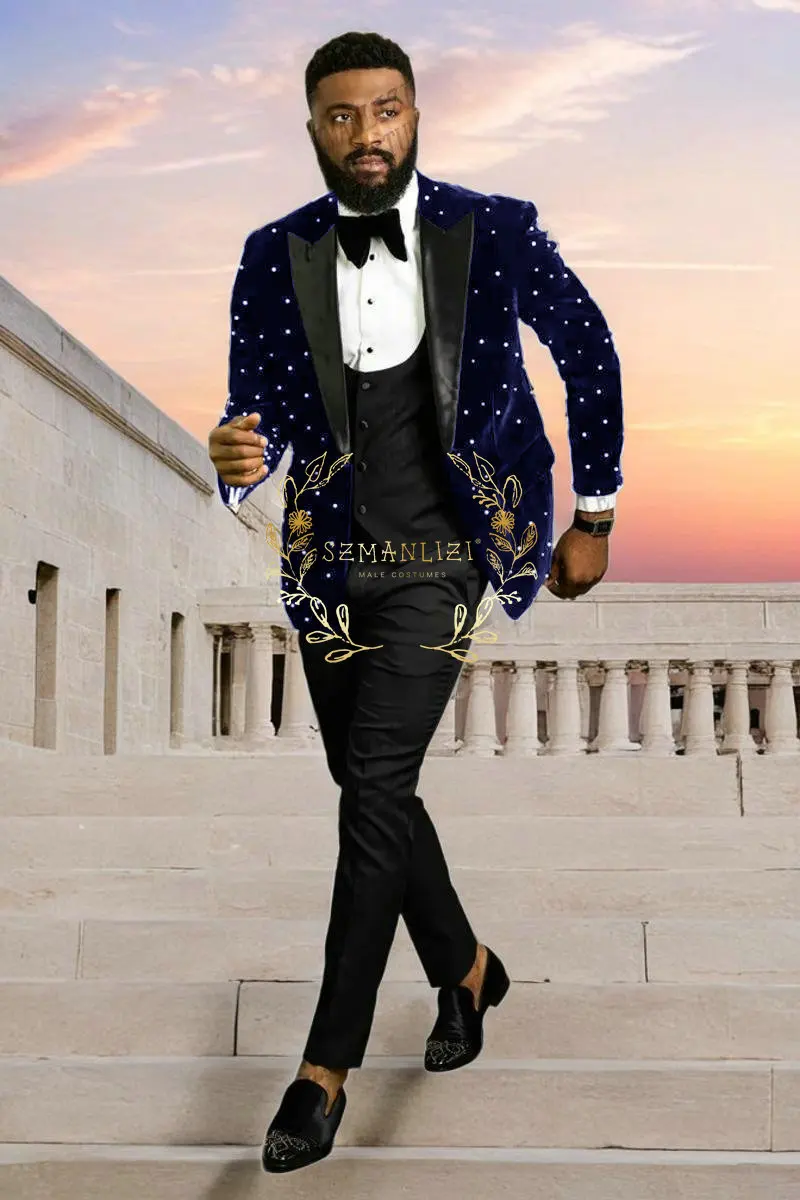 Фото Роскошные бордовые бархатные мужские костюмы с бисером Homme, смокинги для жениха, свадебная вечеринка, Terno Masculino, облегающие костюмы из трех предметов, куртка, жилет, брюки №5