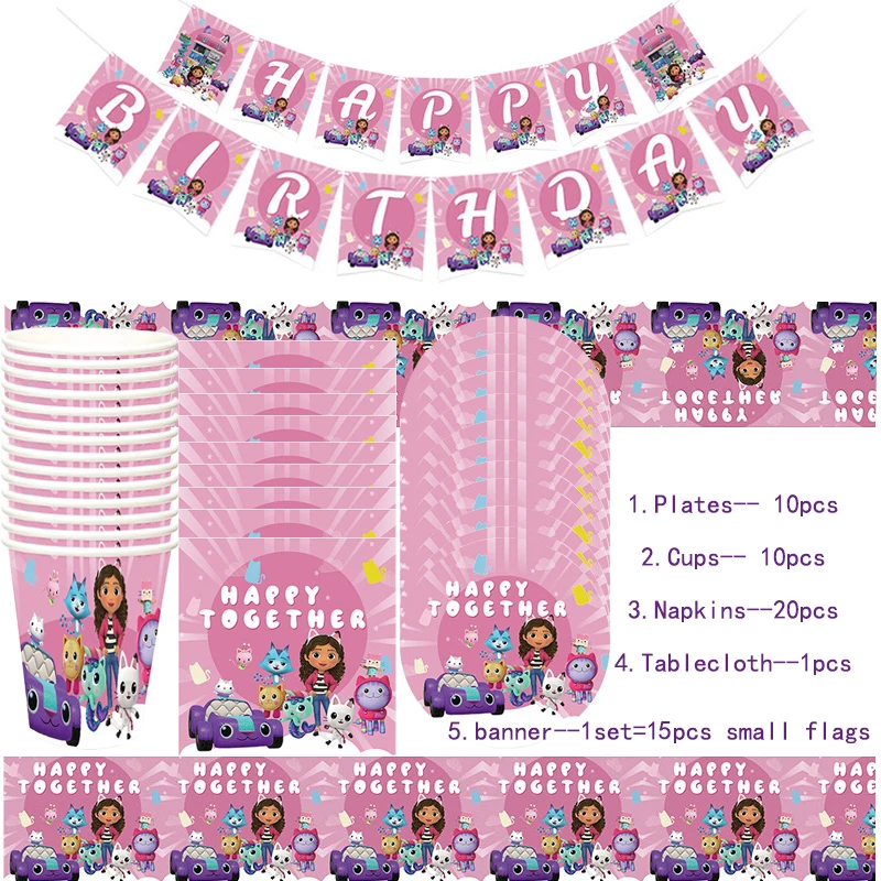 

Gabby's Dollhouse Theme Birthday Party Baby Shower Decorations Tableware Tablecloth Letter Banner Cup Plate Napkin 56pcs/lot