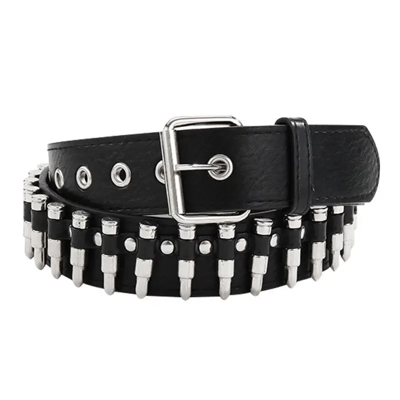 2023 New Style Cropped Studded Bullet Head Punk Rock Belt Women's Jeans Decorative Korean Version Versatile Black Leather