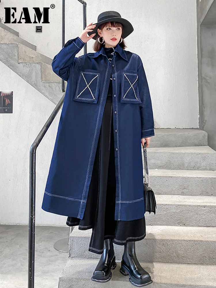 [EAM] Свободная синяя джинсовая длинная повседневная куртка большого размера