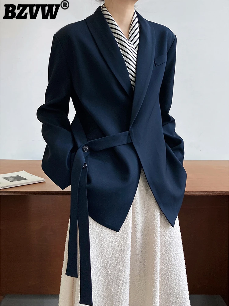 

BZVW High-end Designer Blazer Women 2023 Bandage Design Shawl Collar Temperament Office Lady Suit Coat Female Tide 25X01887
