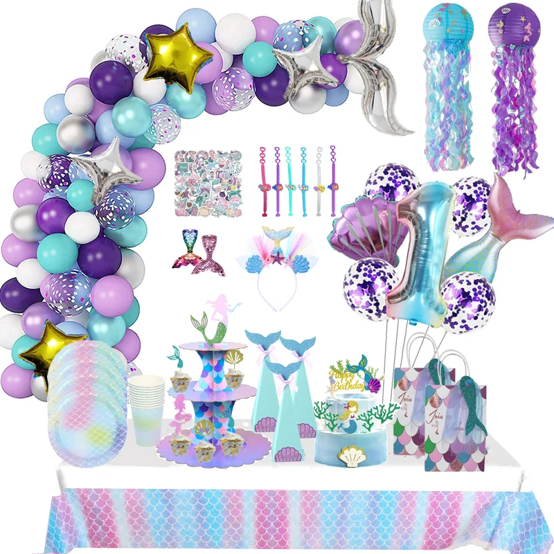 

Набор для украшения дня рождения русалки, одноразовые столовые приборы, тарелки, праздничные подарки на первый день рождения, праздничное у...