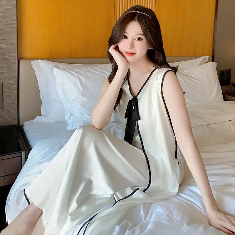 Шелковая ночная рубашка женская летняя тонкая сексуальная юбка средней длины
