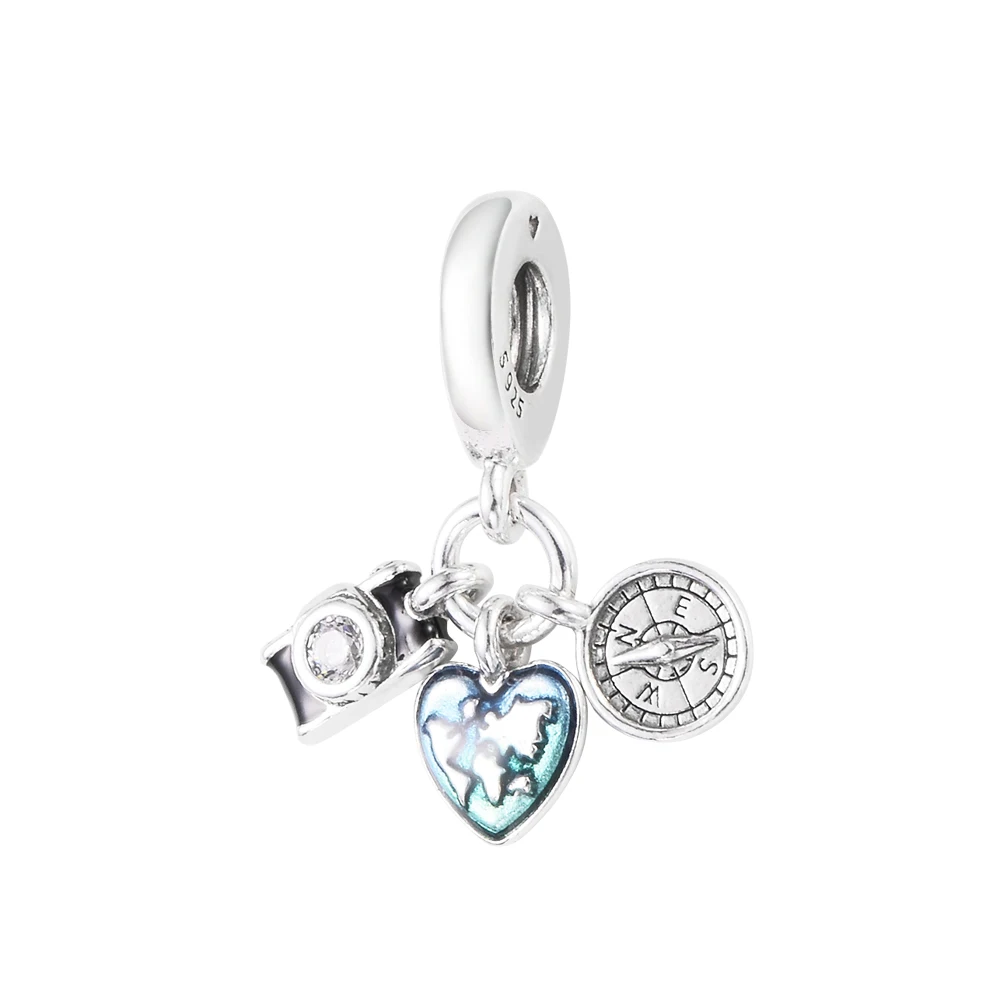 

DIY Fits for Brand Charms Bracelets Camera, Heart & Compass Triple Dangle Beads 100% 925 Sterling-Silver-Jewelry Free Shipping