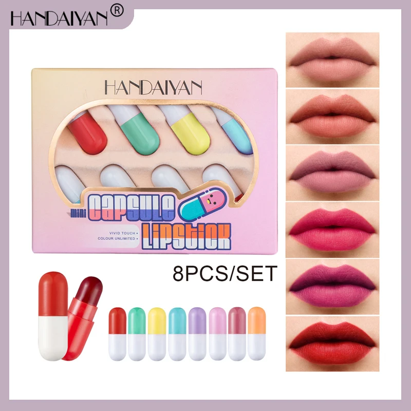 

HANDAIYAN 8 Color Lipstick Set Waterproof Mini Capsules Matte Velvet Lipsticks Red Lip Tint Sexy Women Lips Makeup Pigments Gift