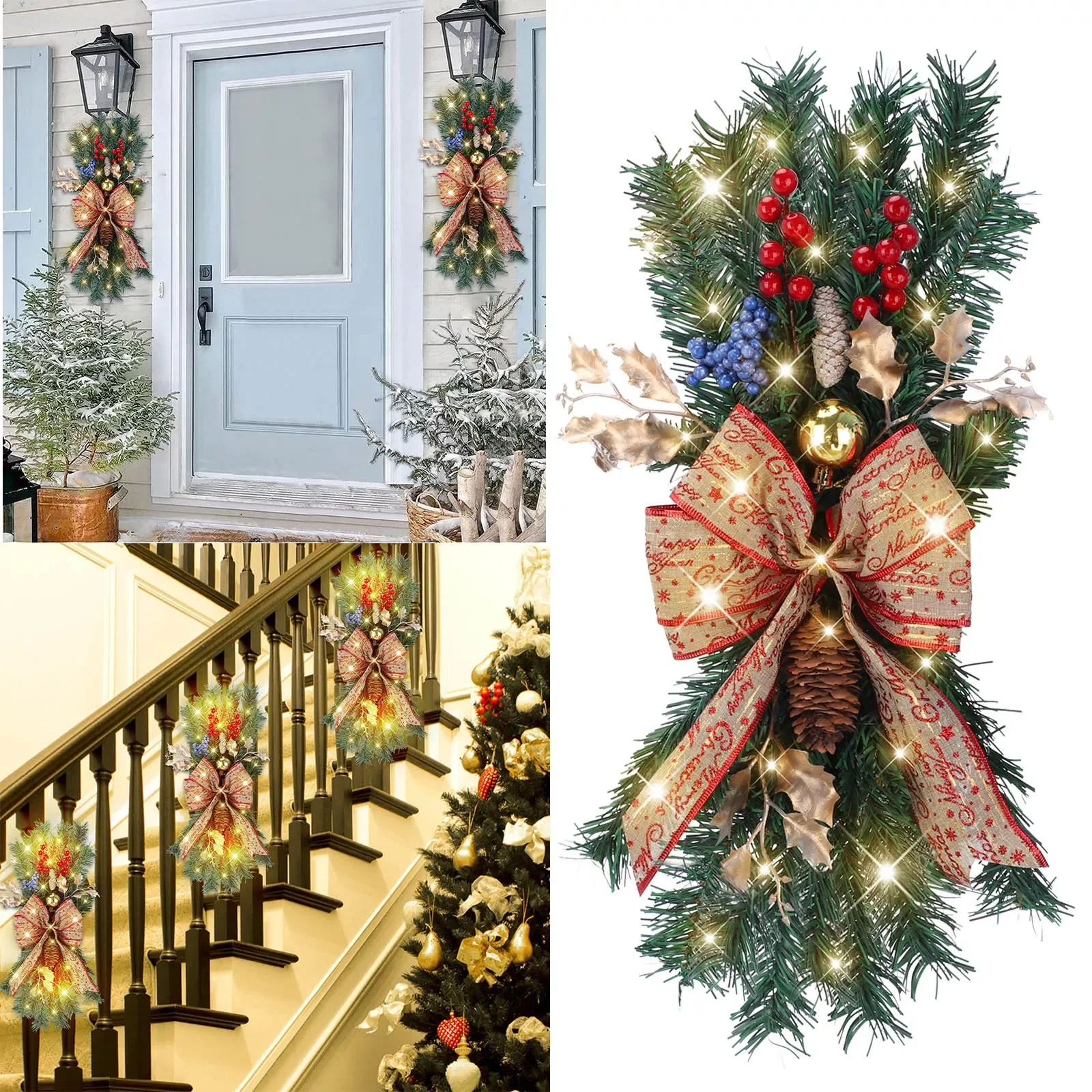 

NEW2023 The Cordless Prelit Stairway Trim Christmas Wreaths For Front Door Holiday Wall Window Hanging Ornaments For Indoor Ligh