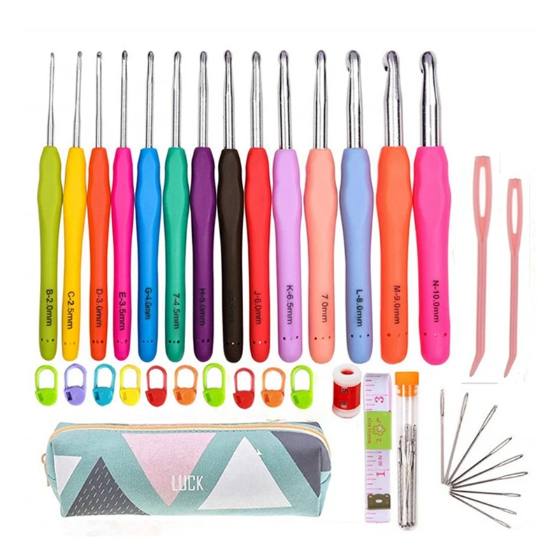 

New Ergonomic Rubber Crochet Hook Soft-Touch Handle Easy Operate Comfortable Grip Knitting Weaving Yarn Needle Set