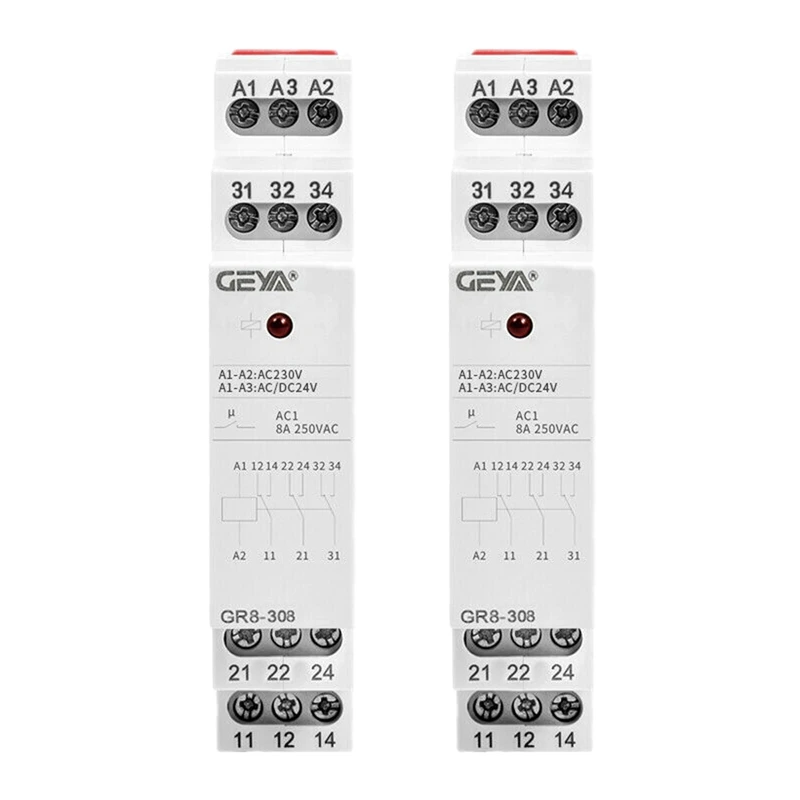 

GEYA 2X 3SPDT Intermediate Relay Auxiliary Relay AC230V Or AC/DC24V 8A Module Relay GR8-308