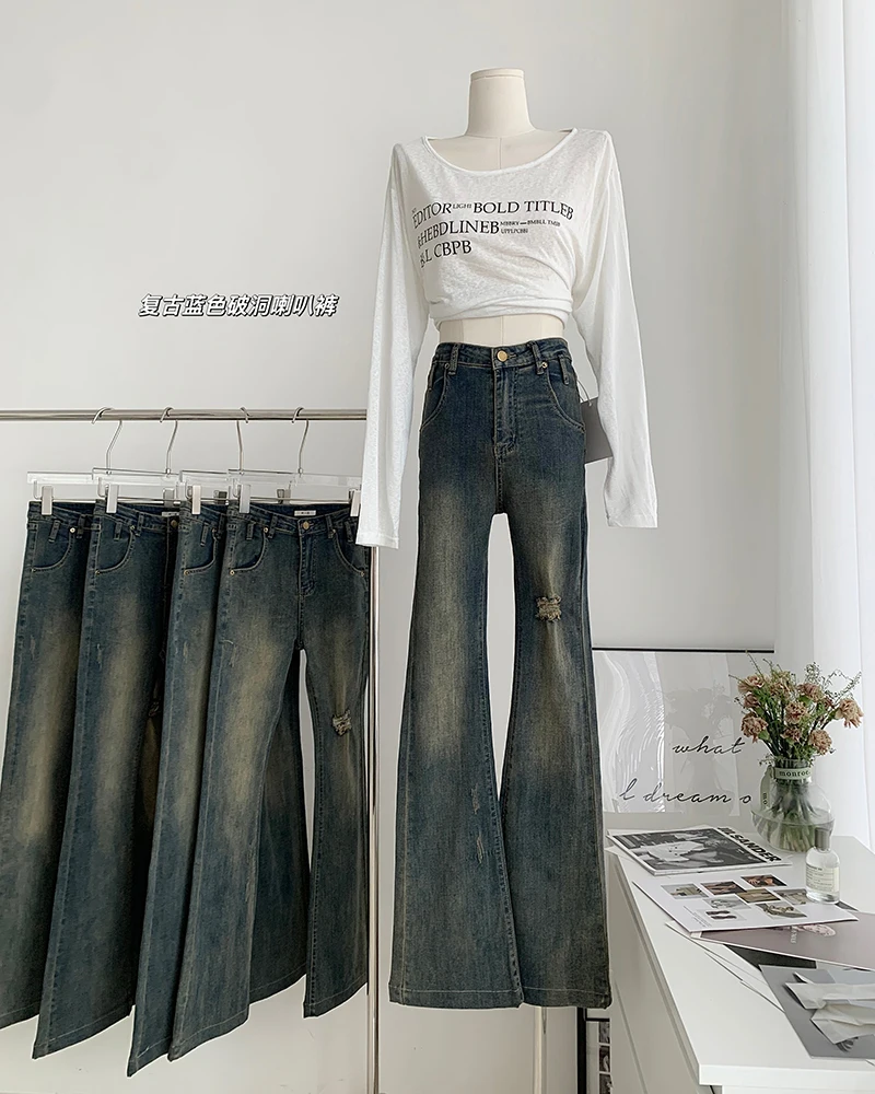 

Streetwear Fashion Women Flare Jeans High Waist Full Length Pants Button Casual Wide Leg Trousers
