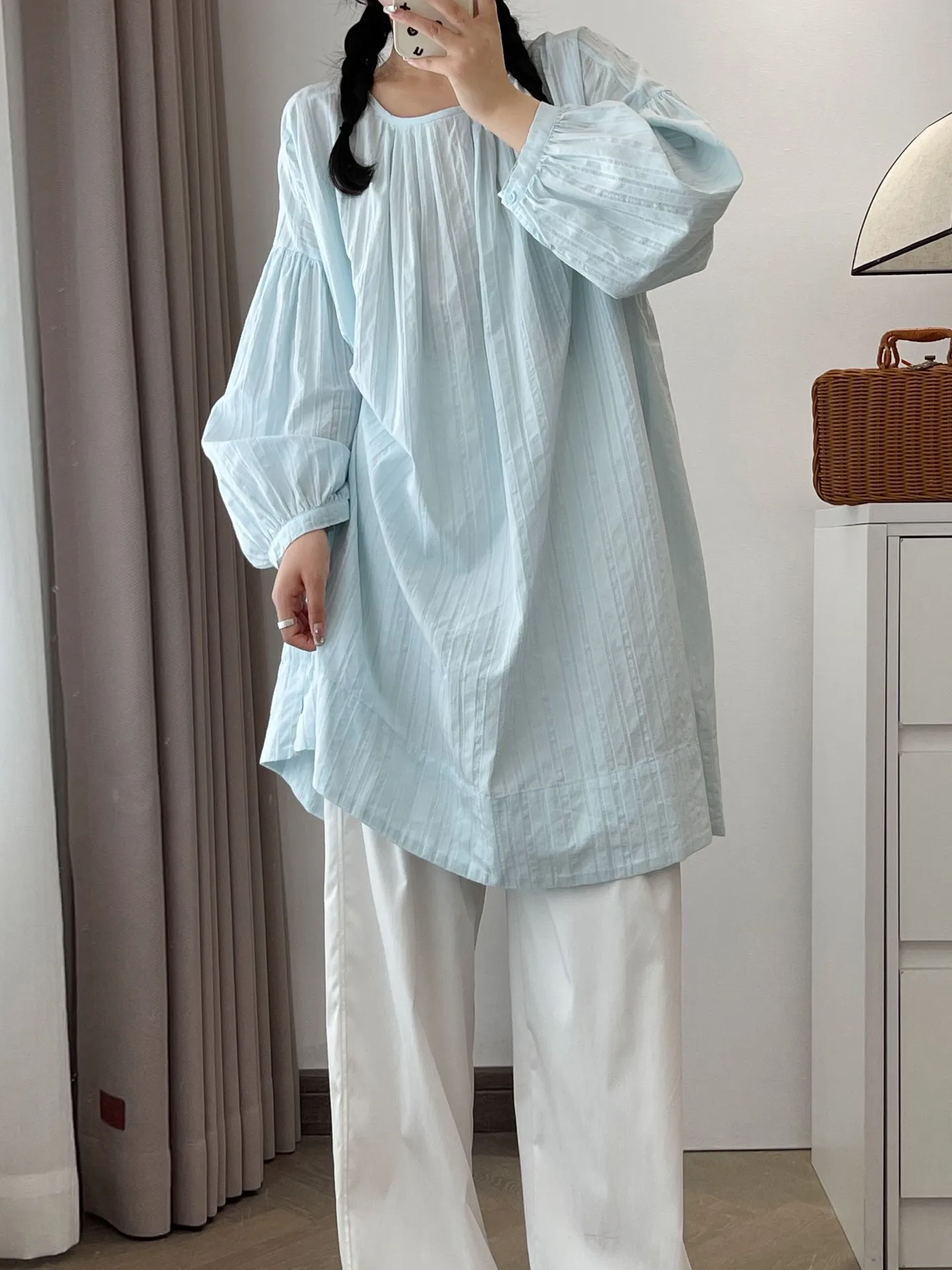 Женская хлопковая рубашка с длинным рукавом полосатая блузка круглым вырезом