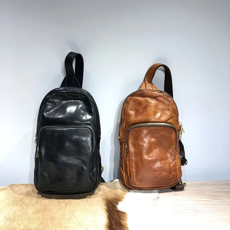 Vintage luxury natural genuine leather men's chest bag casual sports crossbody bag outdoor first layer cowhide shoulder bag