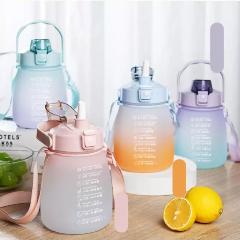 

1200ml Gradient Color Big Belly Cup Water Cup Large Capacity Children's Cartoon Straw Cup Portable Strap Small Fat Cup