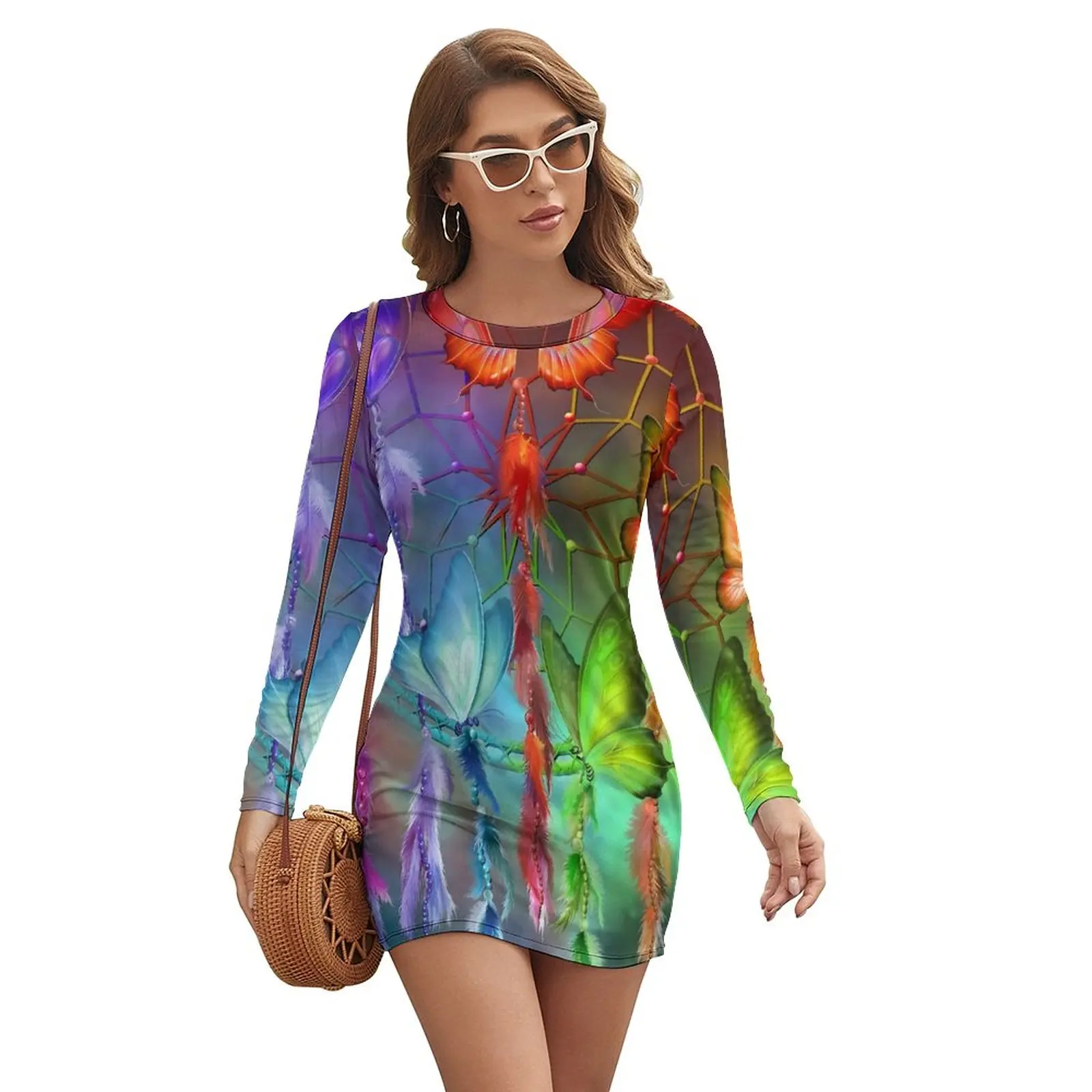 

Dream Catcher Bodycon Dress Female Rainbow Dreams Cute Dresses Summer Long Sleeve Aesthetic Printed Dress Big Size