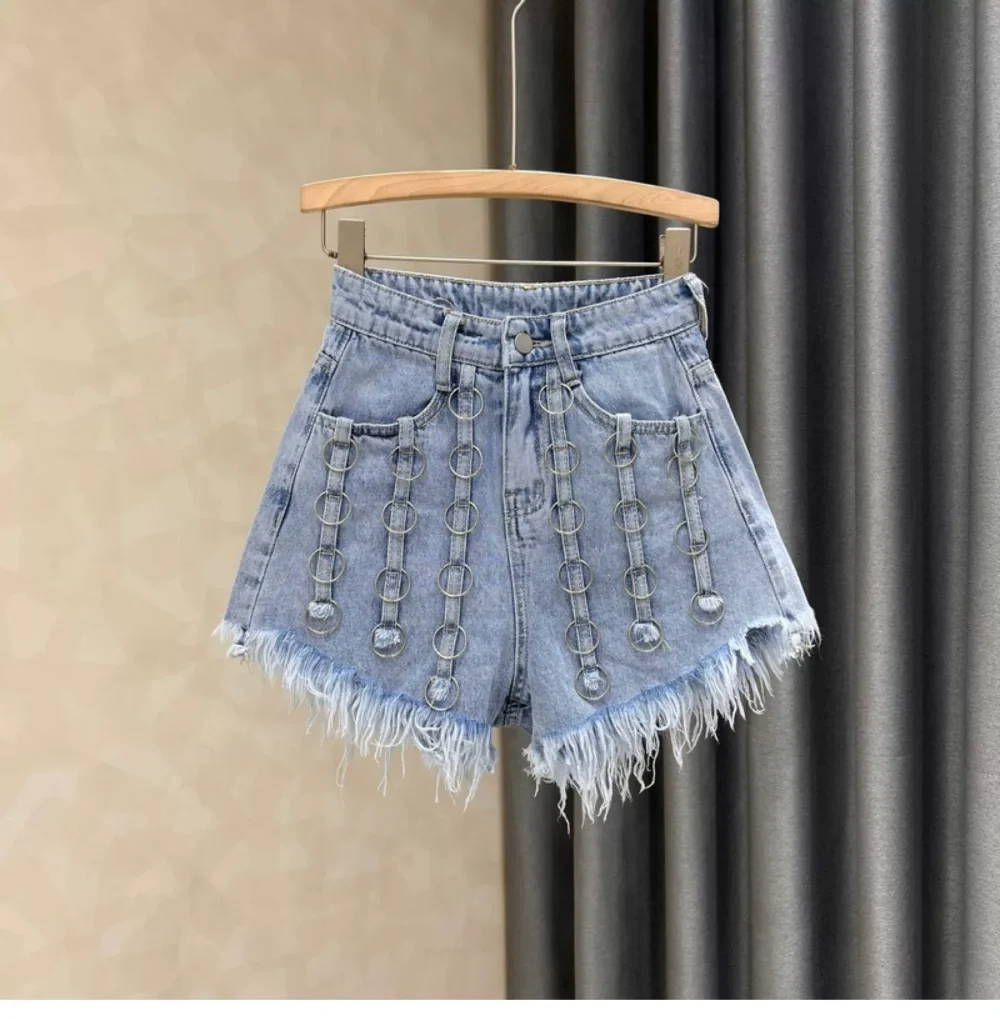 Ins Design Heavy Industry Ring Denim Shorts Women's Clothing Summer New Fashion Tassel Thin Effect High Waist Short Hot Pants