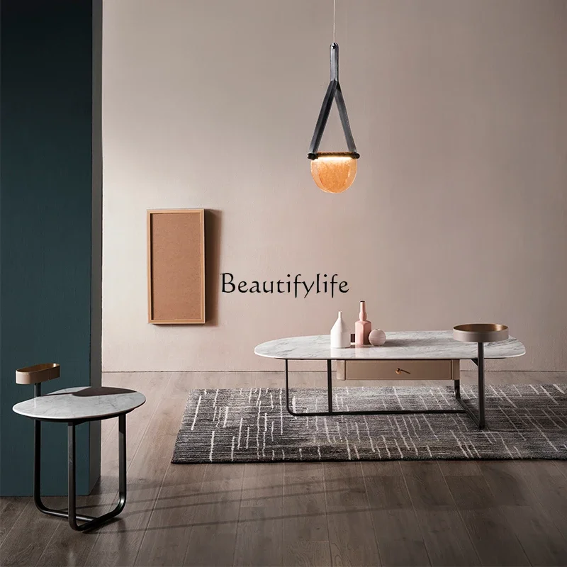 Итальянский минималистичный мраморный журнальный столик седло твердая кожа