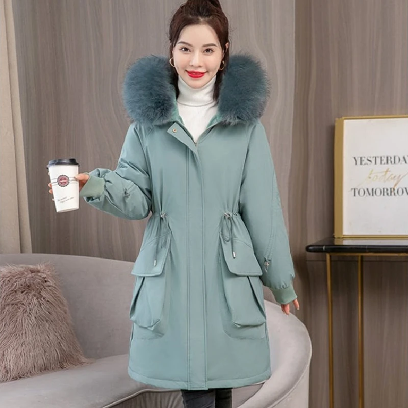 Big Fur Collar Mid-Length Women's Down Padded Cotton Jackets 2022 Winter Parkas New Slim Waist Fleece Thick Coats Casual Outwear