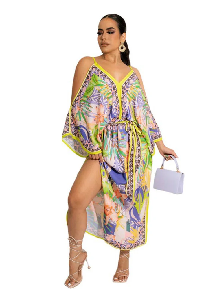 

Women Leaf Print Spaghetti Strap Dresses Female Fashion Loose Slip Dress 2022 Summer Beach Sexy Long Dresses