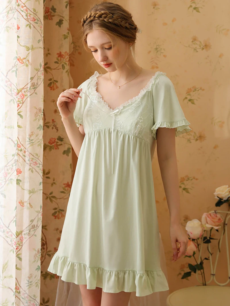 Women Summer Cotton Nightdress Short Sleeve Ruffles Vintage Princess Victorian Nightgown Sweet Girl Pajama Night Dress Sleepwear