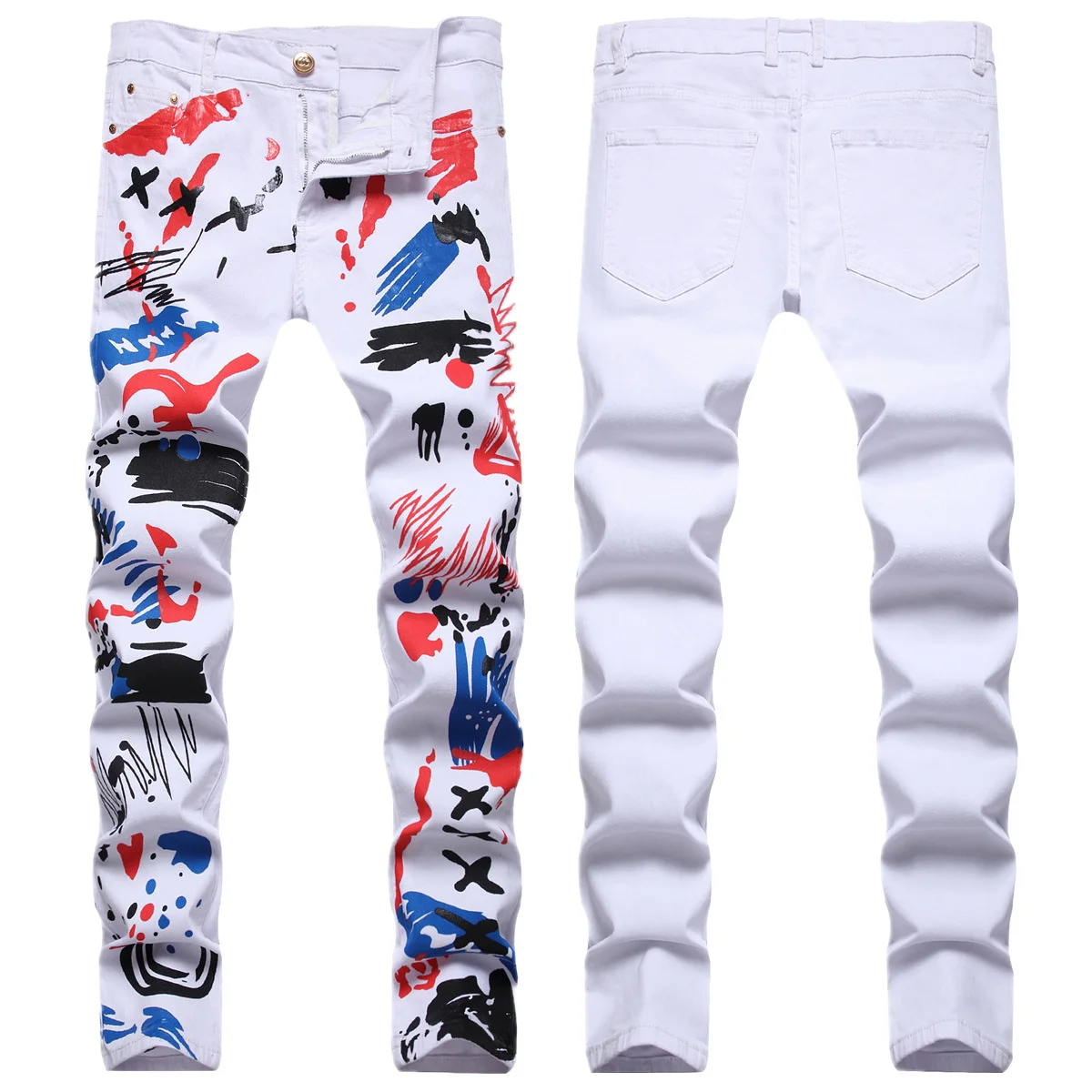 

New street hip hop rock style with ripped jeans Digital Print Elastic slim fit small straight jeans men