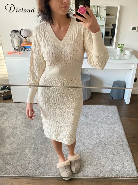 Ženska pulover haljina DICLOUD jesenska elastična dugih rukava 5