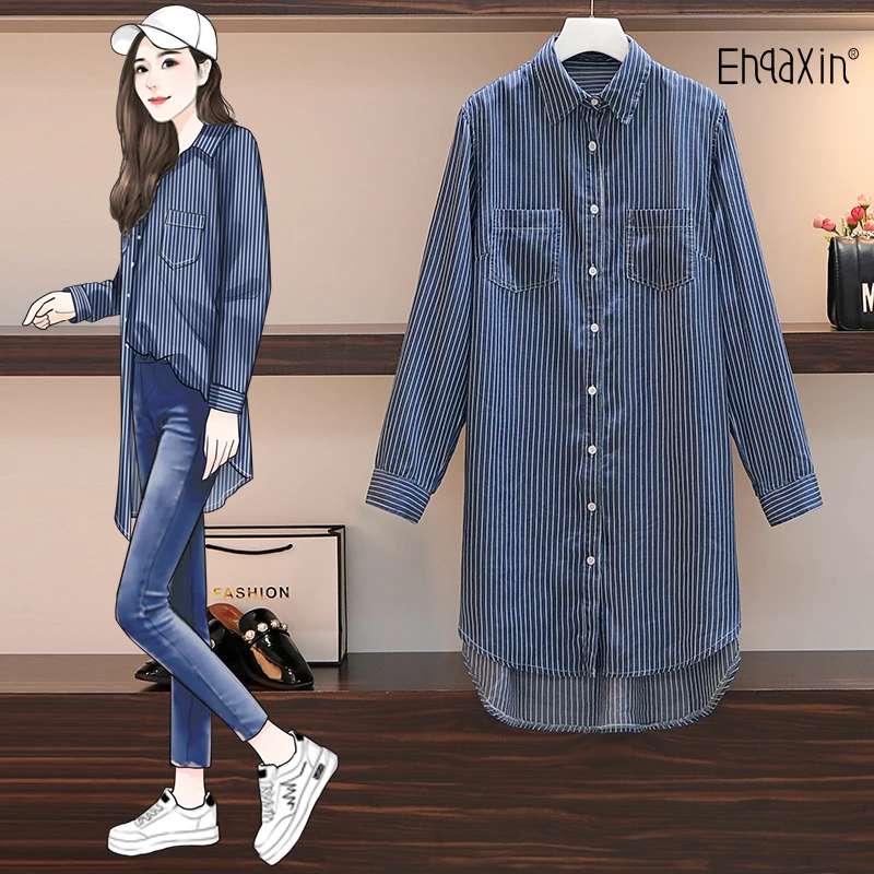 

EHQAXIN 2022 весенние женские платья-рубашки, модные полосатые джинсовые универсальные кардиганы средней длины на пуговицах, свободные платья для женщин