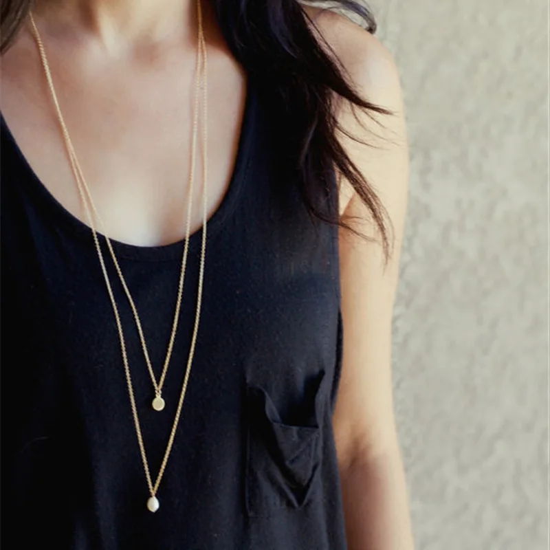 

Double Layer Long Pearl Necklace Round Geometric Pendent Simple Summer Boho Beach Collar for Women Girls Fashion Party Jewelry