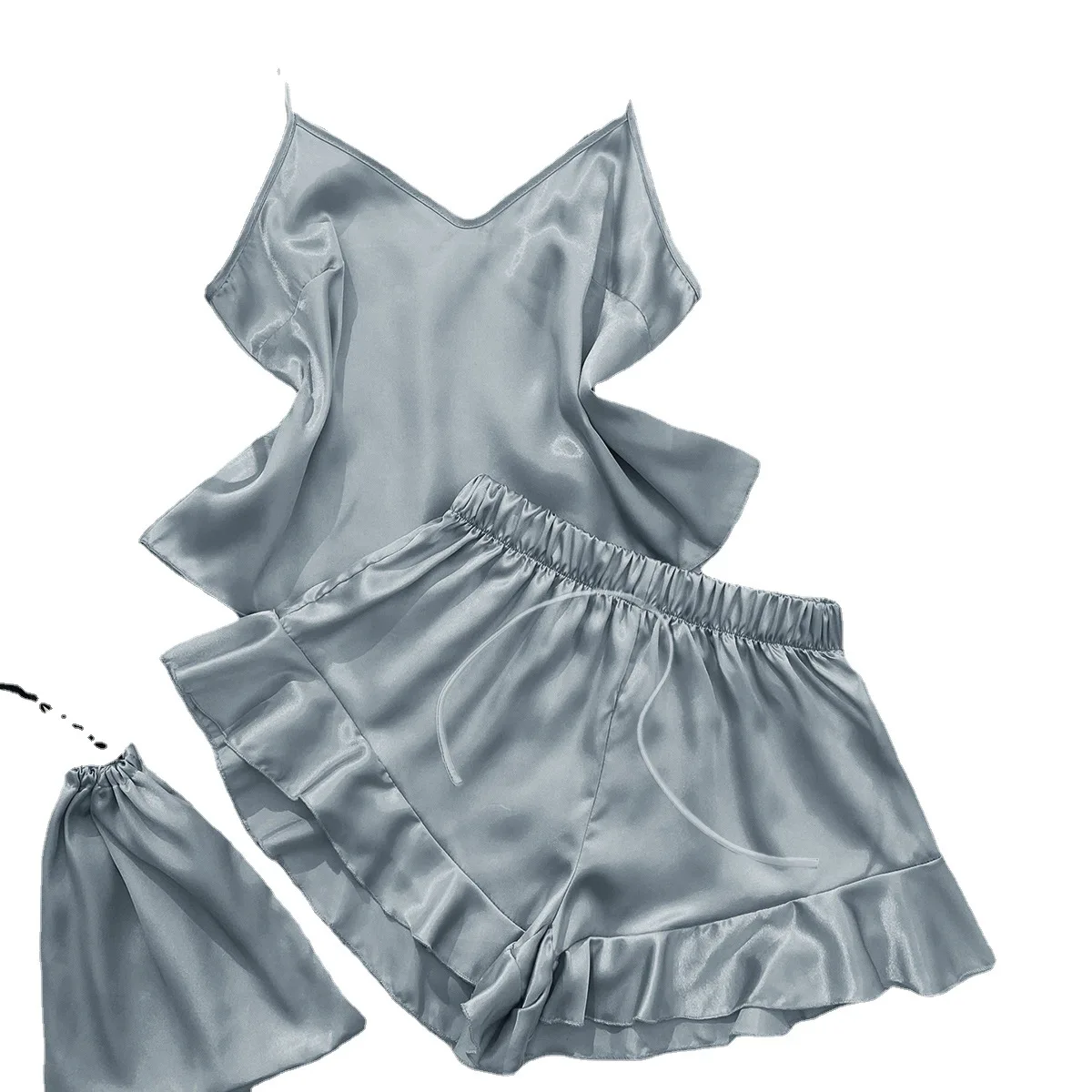 Artificial Silk Camisole Home Wear Three-Piece Set Simple Casual Ice Silk Suspender Shorts Suit Sexy Pajamas Underwear for Women