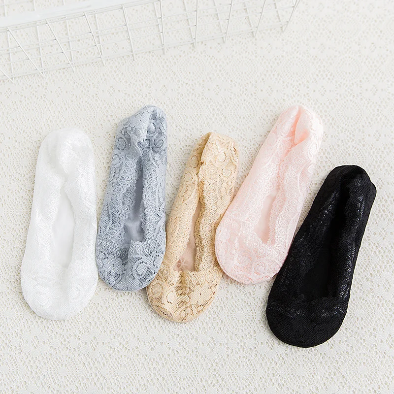 5pairs  Lace Flower Short Socks Women Summer Silicone Non-slip Ankle Socks Invisible Slipper Cotton Hollow Boat Socks Female