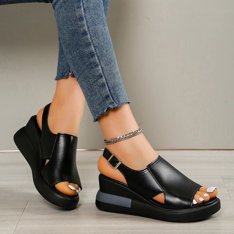 Platform Women Sandals Soft Leather Female Sandals Summer Non-slip Women's Sandals Beach Casual Shoes Back Strap Large Size 2023