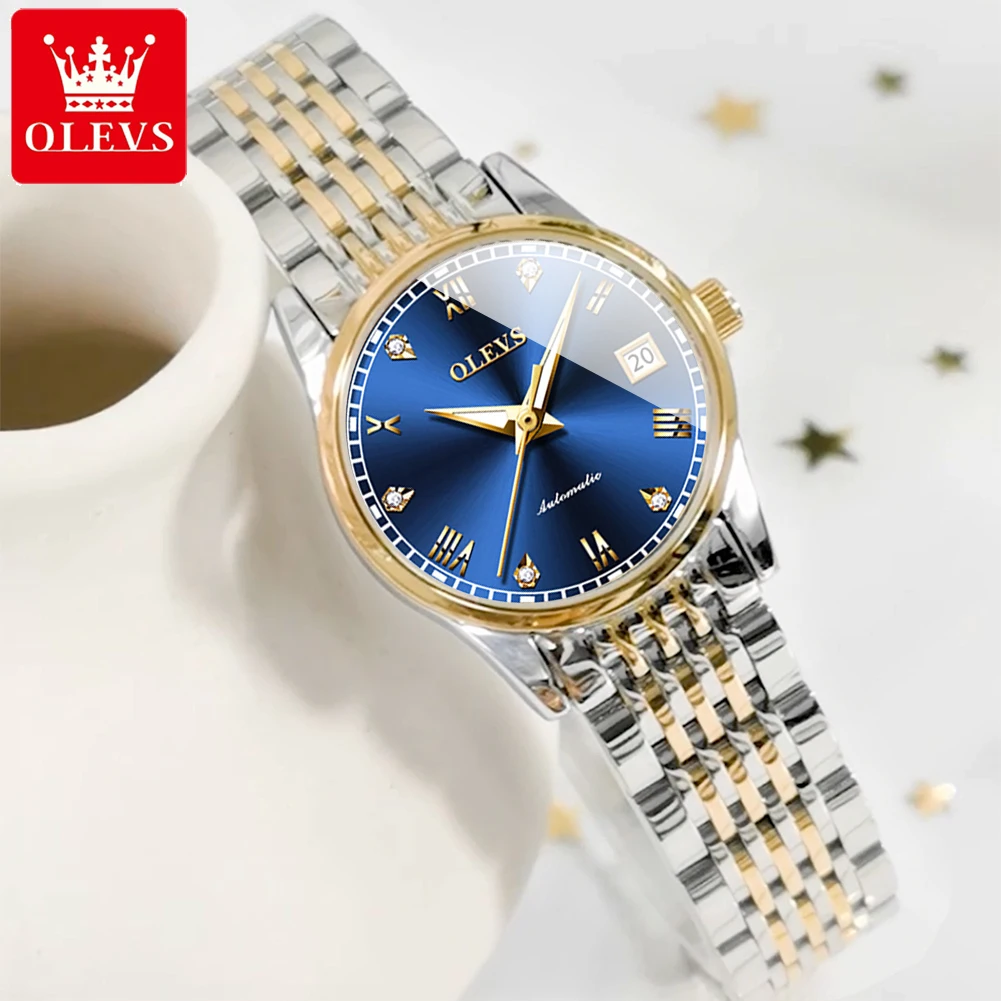 OLEVS Women Watches Luxury Fashion Automatic Mechanical Watch Waterproof Stainless Steel Ladies Watch Luminous Date Gift Set