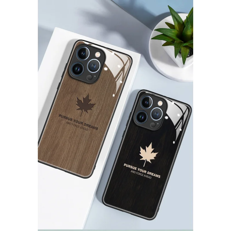 

Maple leaf with wood grain Case For iPhone 14 13 11 12 Pro Max XS XR X 7 8 Plus SE2 Original Tempered Glass Soft TPU Back Cover