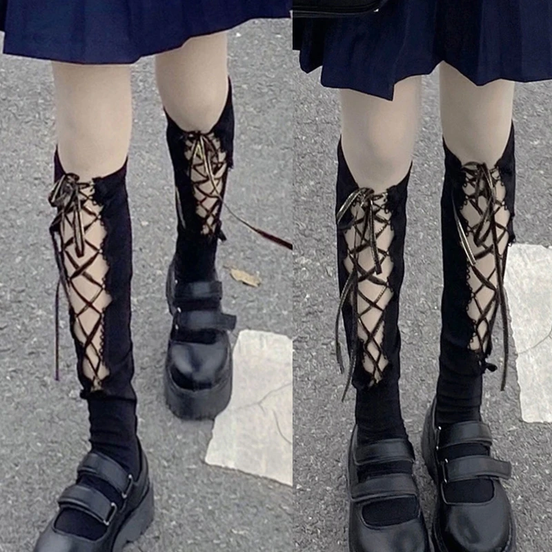 

Women Girl Gothic Hollow Front Knee High Socks Japanese Preppy Style Harajuku Lolita Crisscross Lace-Up Bandage Bowknot Calf