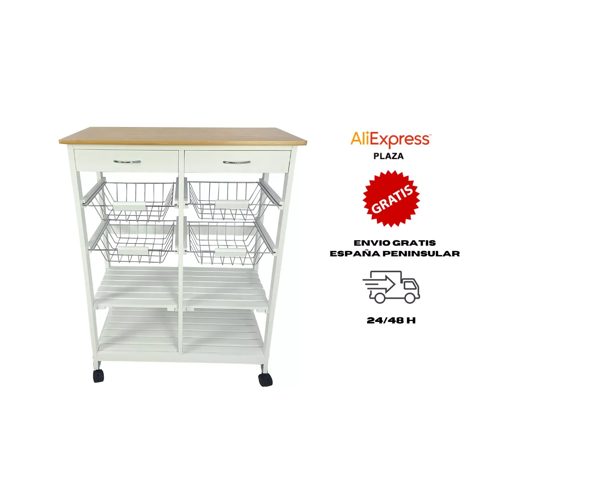 

Kitchen cart with wooden countertop and lacquered in white with 4 removable baskets, 4 shelves and 2 drawers for accessories. He