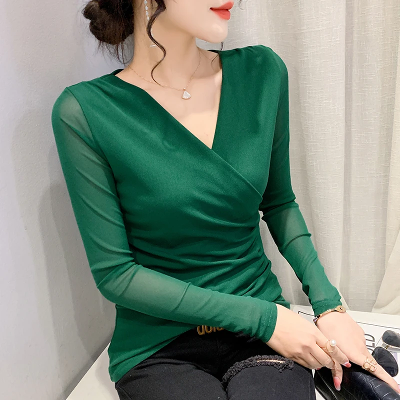 

Autumn Winter Long Sleeve Solid Perspective Mesh T-shirts Female Sexy Cross V-neck Slim Fit Tops Temperament Bottoming Shirt