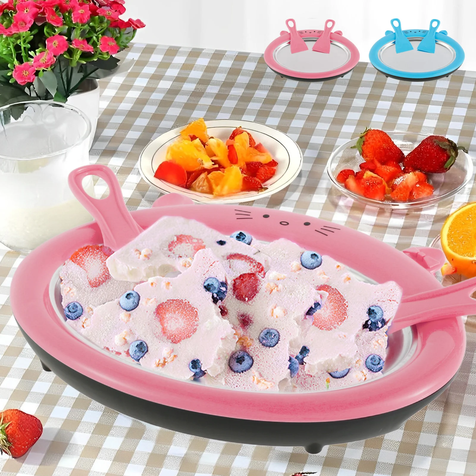 

Аппарат для приготовления мороженого в рулоне, милая бытовая машина в форме кошки для жарки йогурта, тарелка с 2 шпателями, детский домашний мгновенный мороженый