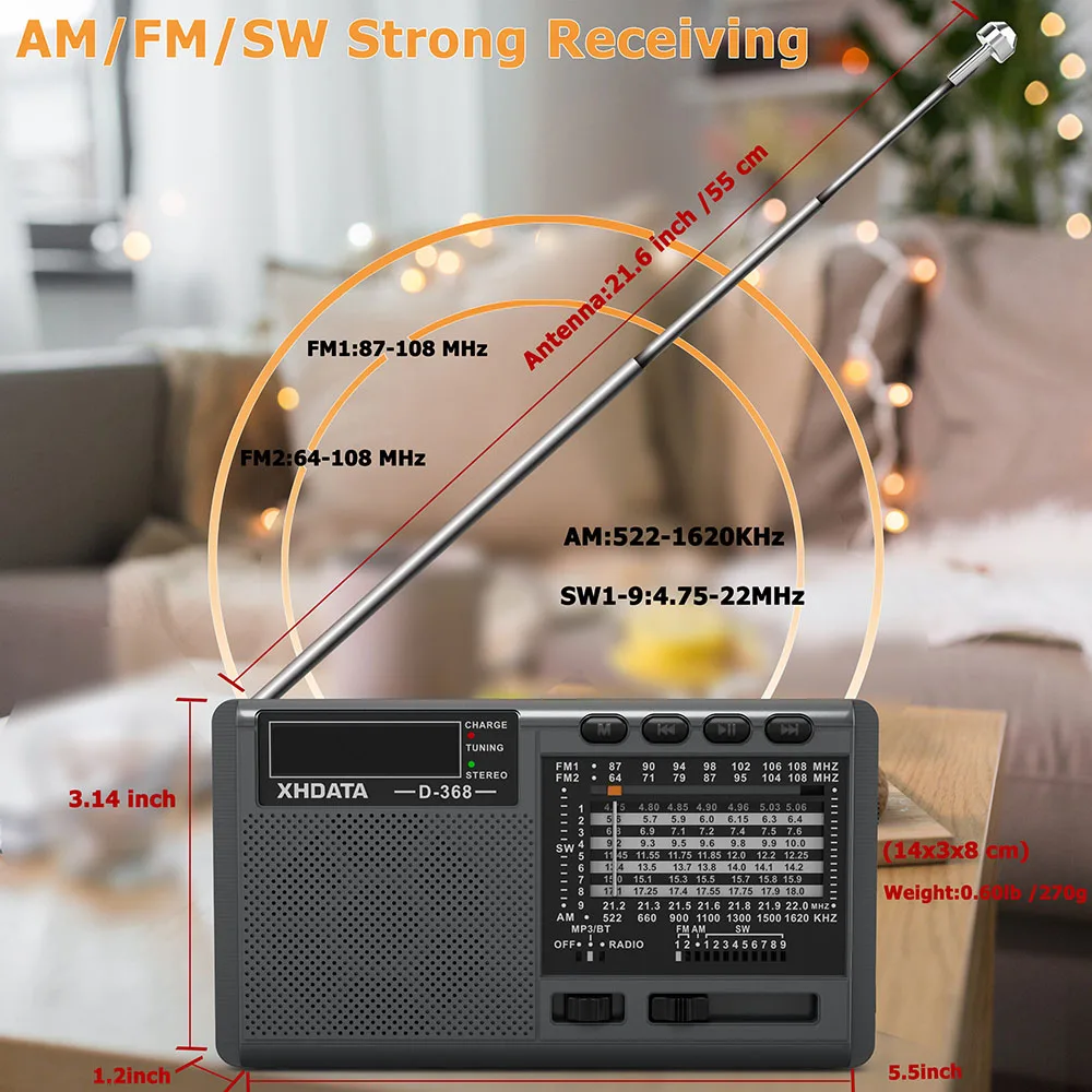XHDATA D-368 fm-радио BT портативный AM FM SW 12 диапазонов стерео радио приемник