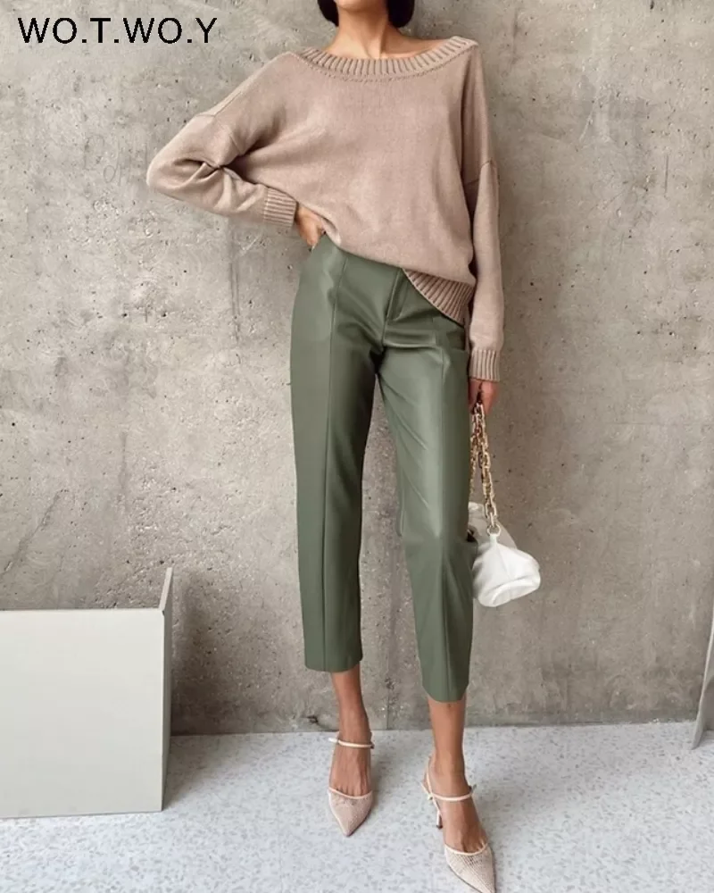 

WOTWOY Elegant Spliced PU Leather Pants Women High Waist Office Lady Fomal Trousers Female Black Straight Pants with Pockets