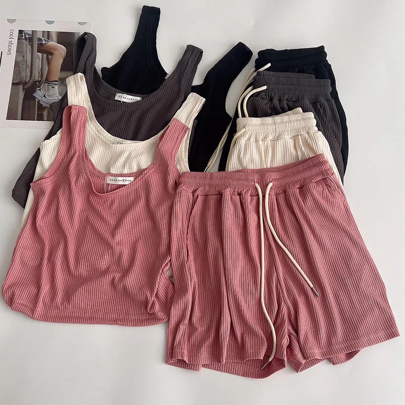 

Textured sports suit female summer ins tide short slim vest + high waist casual shorts fitness running yoga