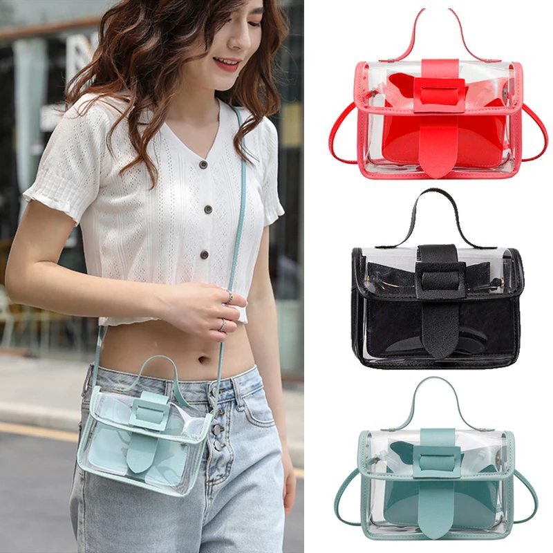 

Fashion Women's Transparent Square Sling Tote Bag For Girls Portable Cool PVC Mobile Lady Shoulder Bag Makeup Messenger Bag
