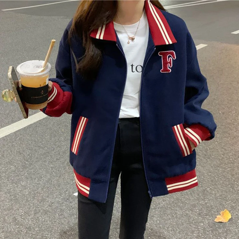 Fashion Women's Letter Print Baseball Uniform Loose Casual Long Sleeve Fleece Thermal Jacket Versatile Winter Outerwear 2022 New