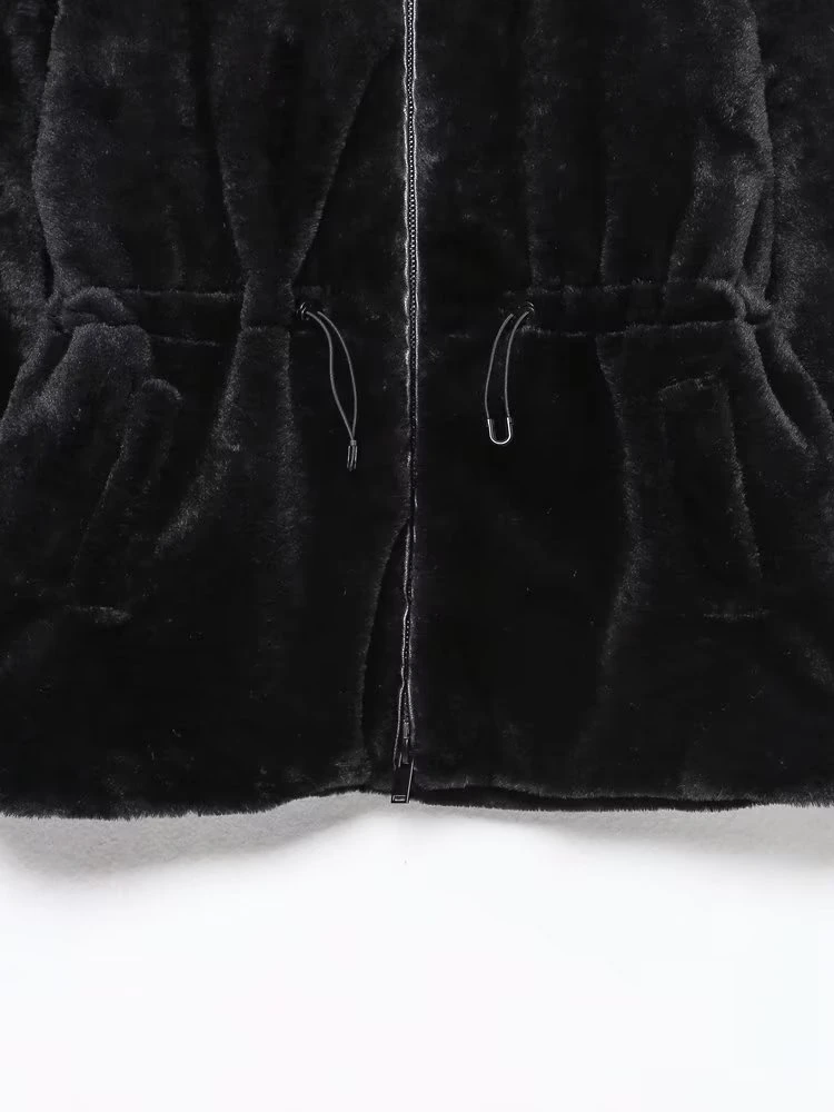 KEYANKETIAN Women's faux Fur Effect Coat Retro style new winter drawstring waist half high neck short zipper Mujer jacket