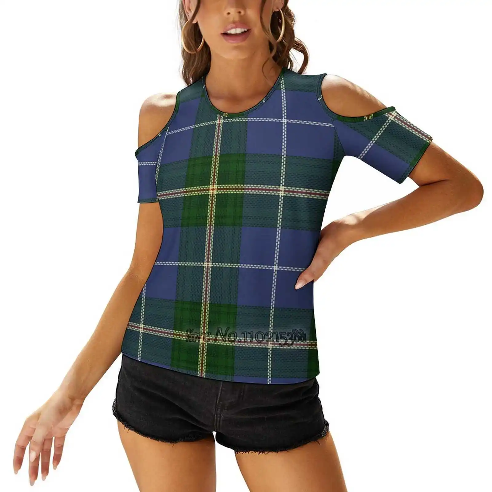 Tartan Of Nova Scotia Fashion Print T Shirts One Shoulder Lacing T-Shirt Women Ladies Girls Tops & Tees Tartan Of Nova Scotia