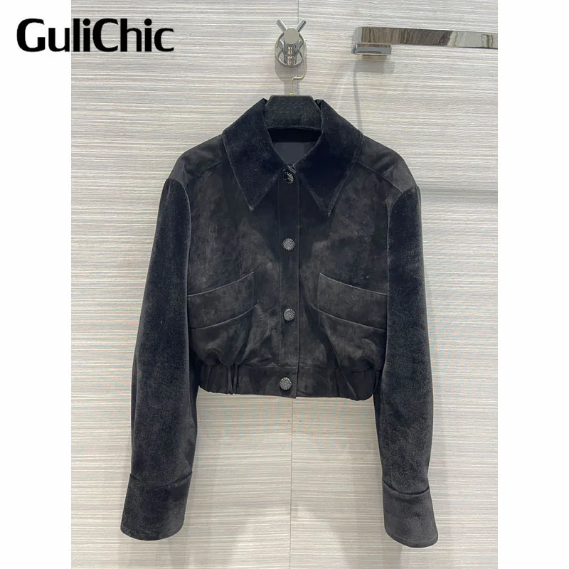 

10,21 GuliChic Женская винтажная короткая куртка с отложным воротником и двумя карманами из 100% овечьей кожи