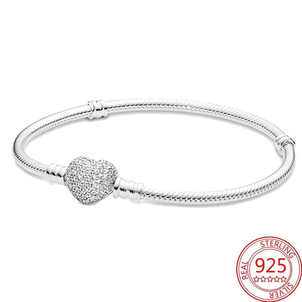 

Classic 925 Silver Moments Sparkling Heart Pavé Clasp Snake Chain Bracelet Fits Original Charm Jewelry DIY Set