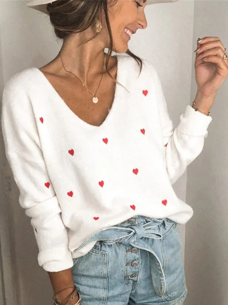 

Свитер Fitshinling с V-образным вырезом и вышивкой в форме сердца, Женский пуловер, вязаная одежда, Милый джемпер в Корейском стиле, зимние свитера, топы, распродажа 2023