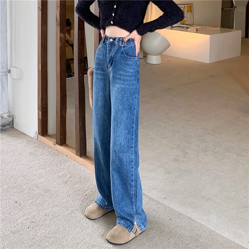 N1410   New elastic waist slit design loose wide leg trousers women's jeans
