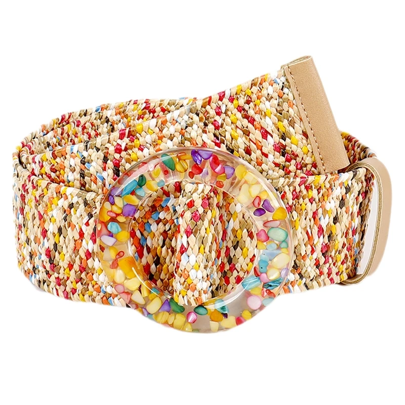 

E9LC Vintage Boho Straw Braided Wide Belt for Women Colorful Buckle Ladies Dress Belt