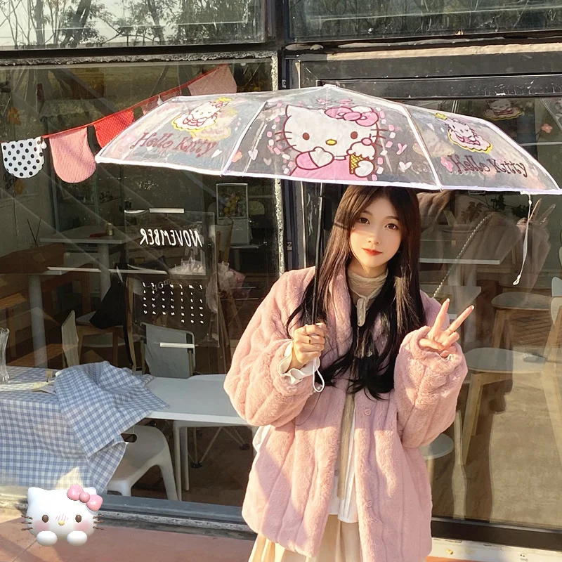 

Автоматический зонт с рисунком из аниме Kawaii Sanrio, Hello Kitty Kuromi Cinnamoroll, студенческий мультяшный прозрачный зонт с длинной ручкой, подарок для дев...