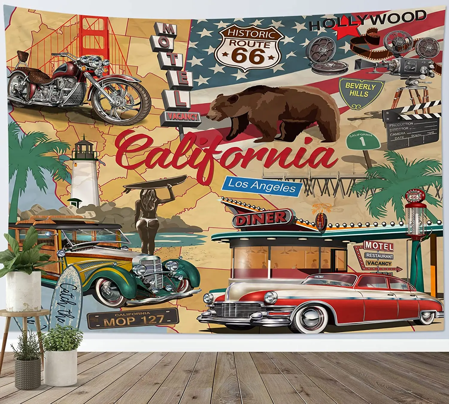 

Vintage Car California Poster Tapestry, Route 66 Hollywood Wall Hanging Poster Bedroom Living Room College Dorm Room Decor