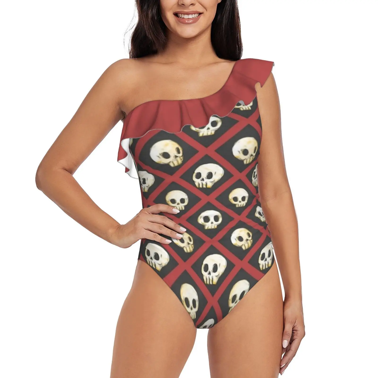 Tiling Skulls 2 / 4-Red One Piece Swimwear One Shoulder Ruffle Swimsuit Women Backless Bathing Suit Skull Spooky Emo Goth